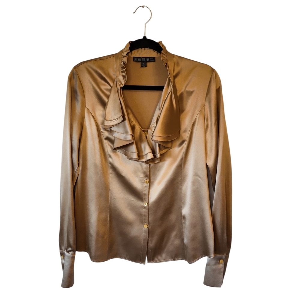 Lafayette 148 New York Gold Satin Ruffle Neck Blouse
